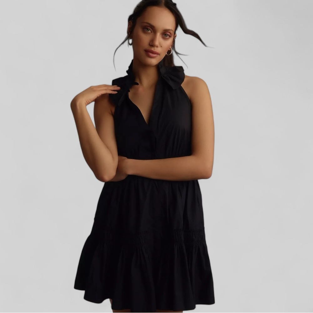 Anthropologie Black V-Neck Belted Halter Mini Dress Size Small
